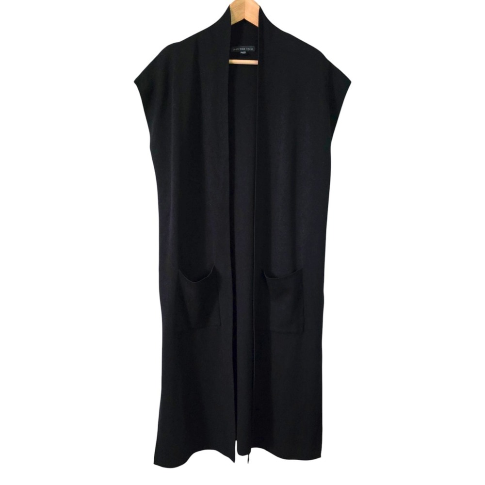Joan Vass Black Long Duster Vest Open Front Side Slits Sleeveless Cardigan XL